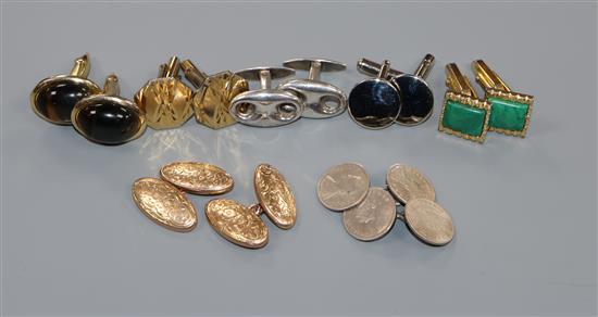 A pair of Edwardian 9ct gold cufflinks and six other assorted pairs including tigers eye quartz and malachite.